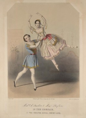 Print of Madelle A. Dumilâtre & Monsr Desplaces In The Corsair at the Royal Theatre Drury Lane, Thomas McLean (& Co), lithograph coloured by hand, London, 1844. Museum no. S.2618-1986