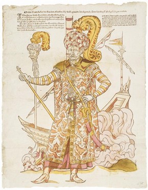 True Likeness of the beheaded Turkish officer Ali Bassa [Ali Pasha], anonymous German broadsheet, c.1571, woodcut with stencil and hand colouring on laid paper with letterpress. Museum no. E.912-2003