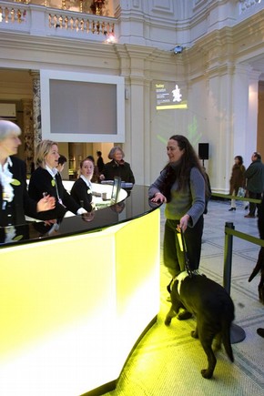 Visually impaired visitor with an assistance dog in the V