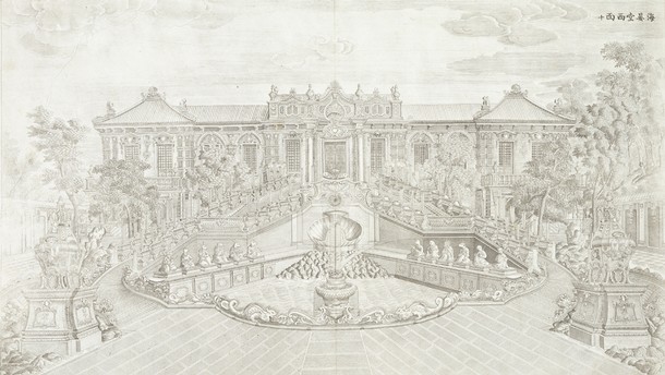 Copperplate engraving of a European Pavilion at the Garden of Perfect Clarity in Yuanmingyuan, Beijing, China, after drawings by Yi Lantai, 1781–6. Museum no. 29452 