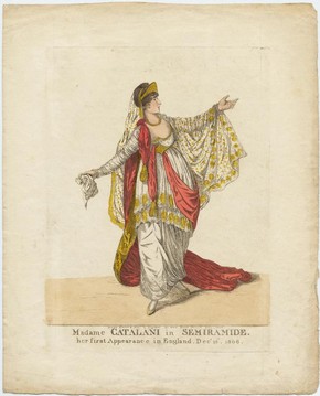 Angelica Catalini in the title role of Portogallo's opera Semiramide, King's Theatre, London, coloured engraving, December 1806