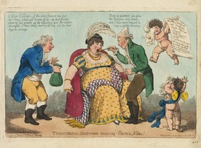 C. Williams, Theatrical Doctors recovering Clara's Notes!, hand-coloured etching, caricature of Elizabeth Billington, published by S. W. Fores, London, 1 January 1802. Museum no. S.4602-2009