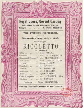 Printed front page of programme for the opera Rigoletto starring Nellie Melba and Enrico Caruso, Royal Opera House, London, 14 May 1902