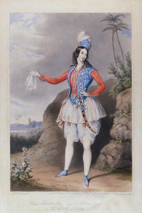 Louise Farebrother as Abdullah, colour lithograph, January 1848. Museum no. E.5008-1968