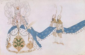 Costume design for The Queen & Her Pages in the ballet The Sleeping Princess by Marius Petipa (1818 - 1910) at The Alhambra Theatre, London, designed by Leon Bakst for Diaghilev Ballet Russes, Paris, France, 1921