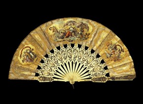 Fan owned by Marie Taglioni (1804 - 84), paper leaf edged & inlaid with silver-gilt foil, sticks of carved and pierced bone, Italian, about 1850