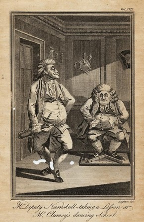 Using a tourne-hanche, black and white engraved print, about 1800