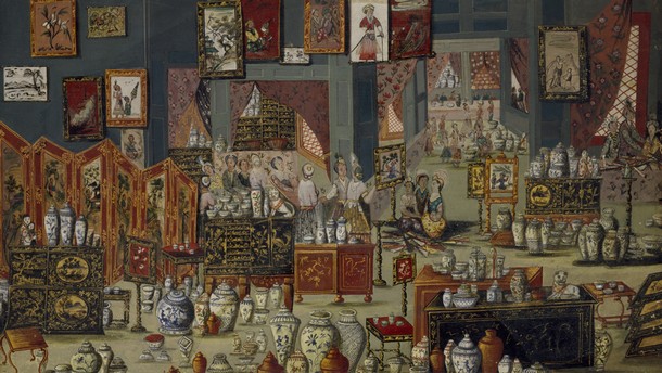 Gouache painting of a shop selling Chinese export wares, possibly from the Netherlands, 1680–1700. Museum no. P.35-1926