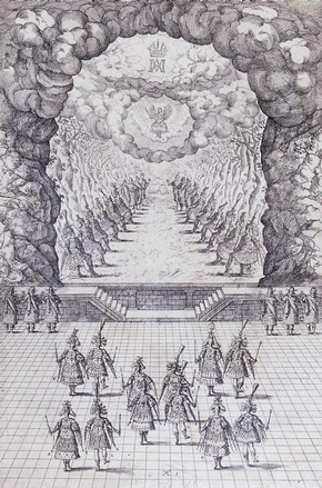 Engraving of a court ballet, Vlasislav Hall, Prague Castle, Czech Republic, 1617