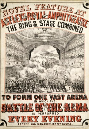 Astley's stages the Battle of the Alma, postcard, lithograph in black and red, mid 19th century. Museum no.S.545-1994