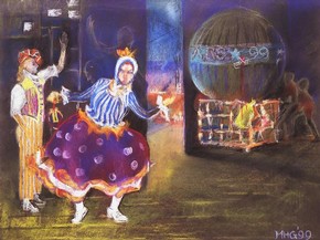 Mary Grierson, Sedov and Zoubarov about to perform their comedic balloon aerialist act with the Moscow State Circus, UK tour (1998-2000), 1999. Museum no. S.632-2001