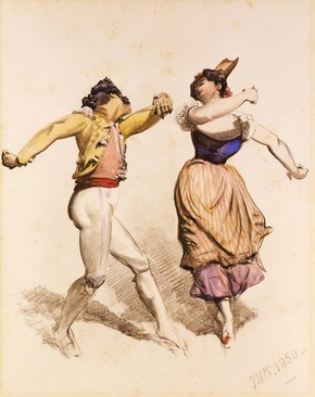 A Spanish Dance, Thomas Miles Richardson (the younger, RWS), charcoal and watercolour, 1850. Museum no. E.5080-1968