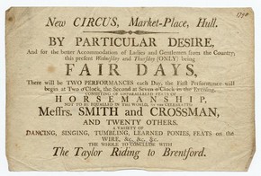 Playbill for Early Touring Circus, Kingston-upon-Hull market place, England, 1798, Museum no. S.211-1978
