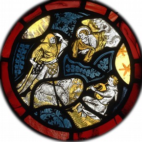 The Annunciation to the Shepherds, stained glass panel, about 1340. Museum no. 2270-1900, bequest of Henry Vaughan