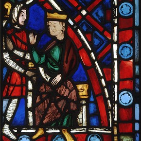 Childebert Receives St Germanus, stained glass panel, about 1240-5. Museum no. 5461-185