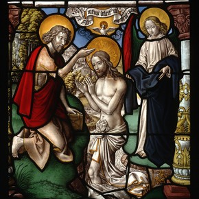 Painted and stained glass depicting the Baptism of Christ, by Gerhard Rhemish, Germany, 1500-49. Museum no. C.311-1928