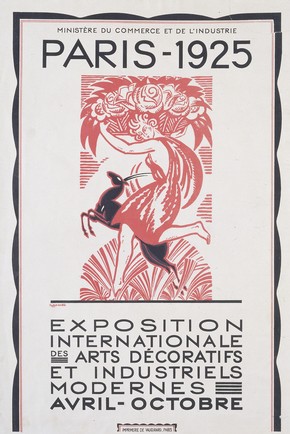 Colour woodblock poster for the Paris 1925 Exhibition, by Robert Bonfils for Imprimerie Vaugirard, Paris, France, 1925. Museum no. E.1200-1925