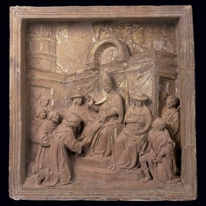 Terracotta pulpit relief depicting Pope Honorius III confirming the establishment of the Franciscan Order, by Benedetto da Maiano, Italy, about 1480-81. Museum no. 240:1-1889