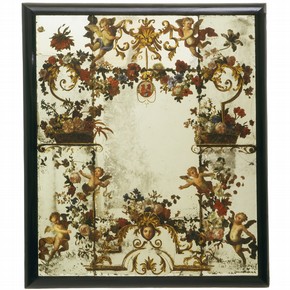 Mirror painted in oils, probably by Antoine Monnoyer, probably London, England, 1710–20. Museum no. W.36-1934