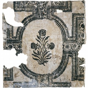 Fragment of wallpaper (detail) with a design of strapwork borders enclosing a flower spray motif from 8 West Street, Epsom, Surrey, late 17th century. Museum no. E464-1993
