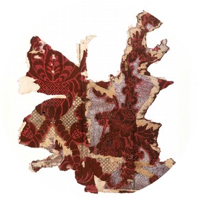 Portion of two flock wallpapers, one pasted over the other, about 1760-70. Museum no. E.596A, 596B-1985