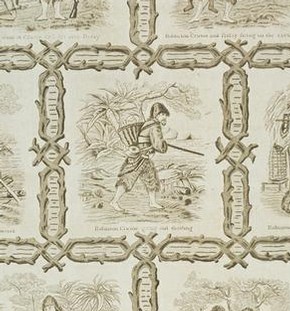 Nursery wallpaper illustrating episodes from 'Robinson Crusoe' by Daniel Defoe, about 1875-1900. Museum no. E.714-1952