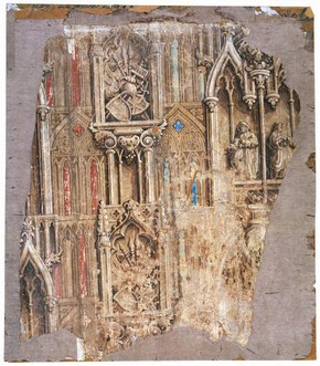 Fragment of wallpaper (detail) with a design of saints and trophies in the neo-Gothic style from the Ostrich Hotel, Swaffham, Norfolk, unknown maker, about 1820. Museum no. E.3538-1913
