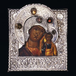 Silver icon with painting of the Virgin and Child, embellished with semi-precious stones, Russia, 19th century. Museum no. 141-1906