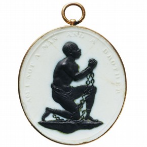 White jasper medallion for the Society for the Abolition of the Slave Trade, made at Josiah Wedgwood's factory, Etruria, Staffordshire, England, UK, about 1787. Museum no. 414:1304-1885