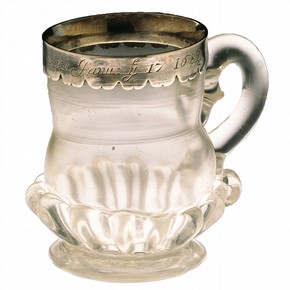 Frost Fair Mug, glass with engraved silver mount, made in London, perhaps Southwark, (museum no. C.156-1997). Purchased with the assistance of the National Art Collections Fund