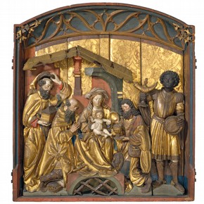Painted and gilded limewood panel depicting the Adoration of the Magi, by Augustin Henckel, Schaffhausen, Switzerland, 1500-1520. Museum no. 2418-1856