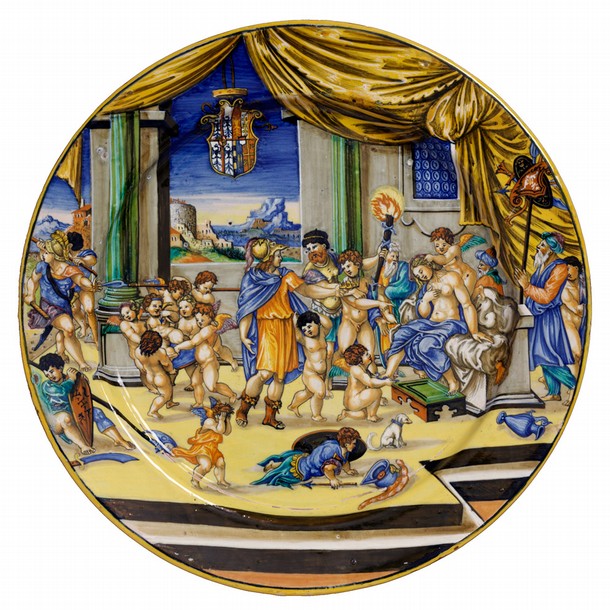 Maiolica dish depicting Alexander and Roxana, signed by Xanto, Urbino, Italy, 1533. Museum no. 1748-1855