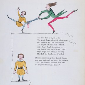 Illustration from 'The Story of Little Suck a Thumb', from 'The English Struwwelpeter', by Heinrich Hoffmann, Leipzig, Germany, 1860-9. Pressmark NAL 60.A.45