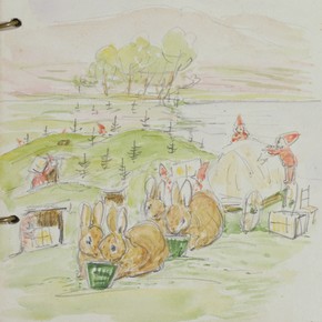 'Oakmen unloading the wagon, whilst rabbits eat', pencil & wash drawing by Beatrix Potter, 1916. © Frederick Warne & Co.