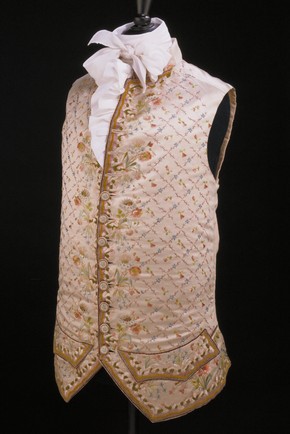 Cream satin waistcoat embroidered with coloured silk, Gloucester, England, UK, 1770. Museum no. 652A-1898