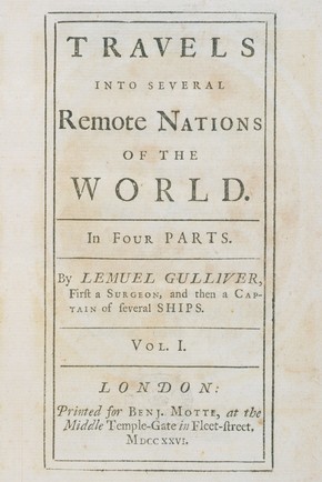 Jonathan Swift, 'Gulliver's Travels', London, 1726. Pressmark: Forster 8vo 8553. Printed for Benjamin Motte, at the Middle Temple-Gate, in Fleet Street