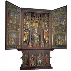 Carved, painted and gilded limewood and pine altarpiece, by Ruprecht Potsch and Philipp Diemer, Bressanone, Italy, 1500-10. Museum no. 192-1866