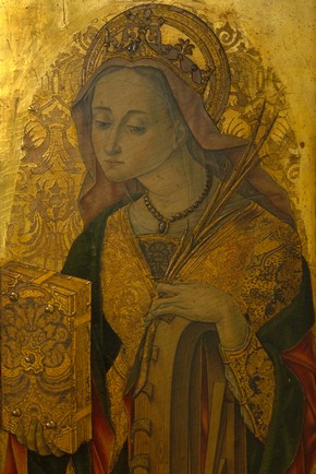 Figure 4. Vittore Crivelli St Catherine (765A-1865), before conservation (Photography by V&A Photographic Studio).