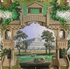 Wallpaper illustrating the Crystal Palace, about 1853-5. Museum no. E.158-1934