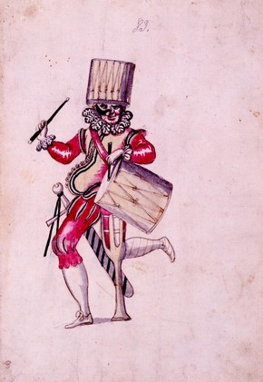 Costume design for A Drummer in the French ballet des Fées de la Forest de St.Germain, pen & ink over lead, watercolour, 1625