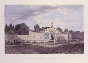 William Capon (original drawing), Charles John Smith (engraver), exterior view of Astley's Amphitheatre, 1777, hand-coloured etching cut within the plate. Museum no. S.2387-2009
