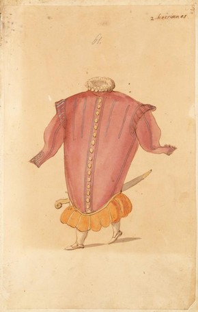 Ballet costume design for A Hocricane in La Douairère de Dillebahaut, watercolour drawing with handwritten annotation, France, 1626
