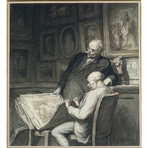 'The Print Collectors', drawing in chalk, watercolour and pen and ink by Honoré Daumier, about 1863–5. Museum no. CAI 118