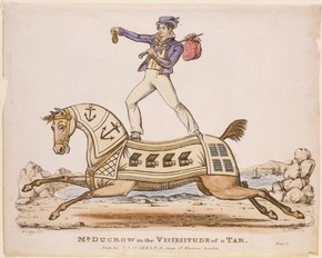 W. Cocking (drawing), R. Loyld (etching), M.& M. Skelt (publishers), The Vicissitude of a Tar, Plate 6 - Mr Ducrow (1793-1842), London, around 1840, hand-coloured etching. Museum no. A.Hippisley-Coxe Collection 1-5
