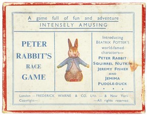 Beatrix Potter, 'Peter Rabbit's Race Game' showing the top of the lid, Made by Frederick Warne, c.1930, Museum no. MISC.41-1977