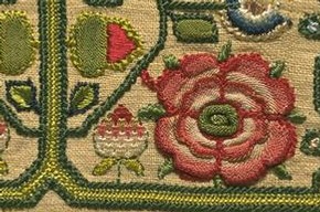 Sampler, Elizabeth Mackett, 1696. Museum no. 433-1884