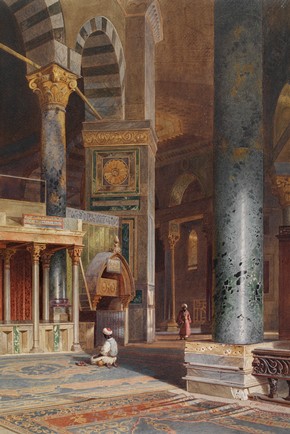 Carl Werner, Interior of the Dome of the Rock, Jerusalem, watercolour, 1863. Museum no. SD.1192