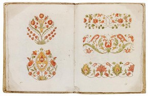 Pen, ink and watercolour manuscript of embroidery designs, by Lunardo Fero, Venice, Italy, 1559. Museum no. E.1940-1909
