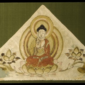 Triangular top section of a banner showing the Buddha and lotus flowers. Museum no. Loan:Stein:490