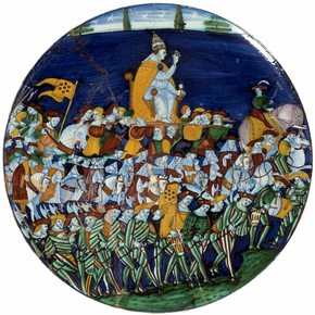 Enamelled earthenware dish depicting Pope Leo X carried in procession, Montelupo, Italy, 1513-21. Museum no. 8928-1863